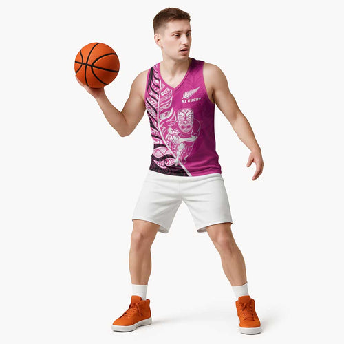 New Zealand Silver Fern Rugby Custom Basketball Jersey All Black Maori Pattern Pink - Aussie Hoodie