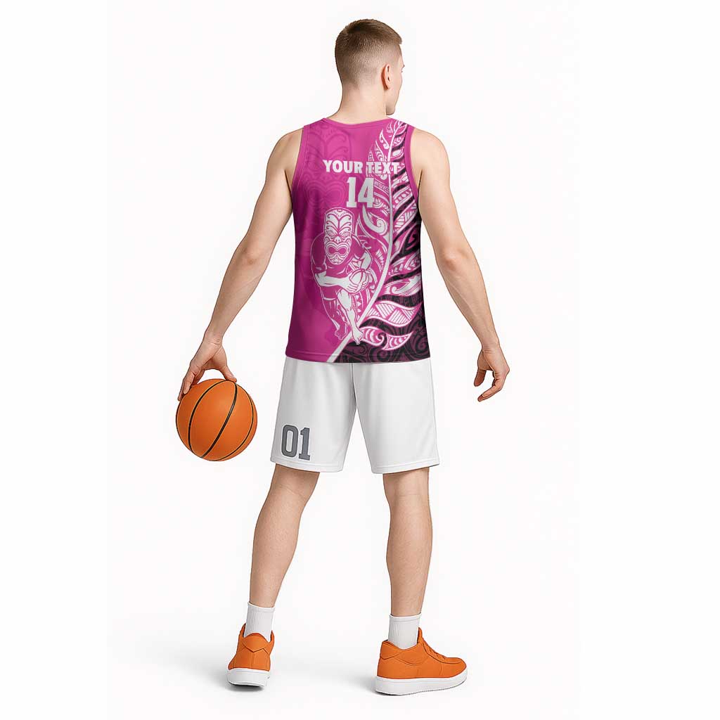 New Zealand Silver Fern Rugby Custom Basketball Jersey All Black Maori Pattern Pink - Aussie Hoodie