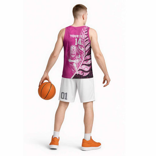 New Zealand Silver Fern Rugby Custom Basketball Jersey All Black Maori Pattern Pink - Aussie Hoodie