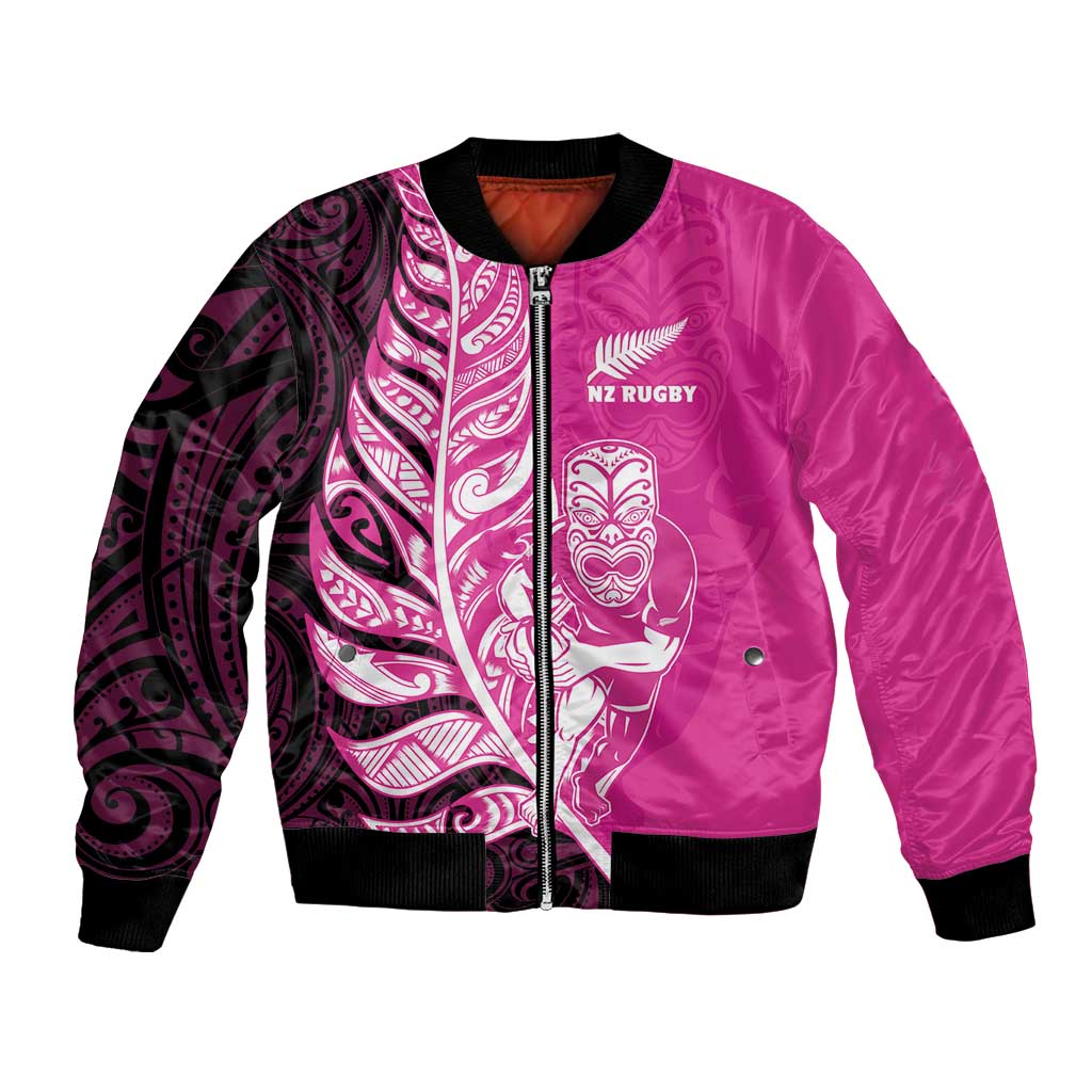 New Zealand Silver Fern Rugby Custom Bomber Jacket All Black Maori Pattern Pink - Aussie Hoodie