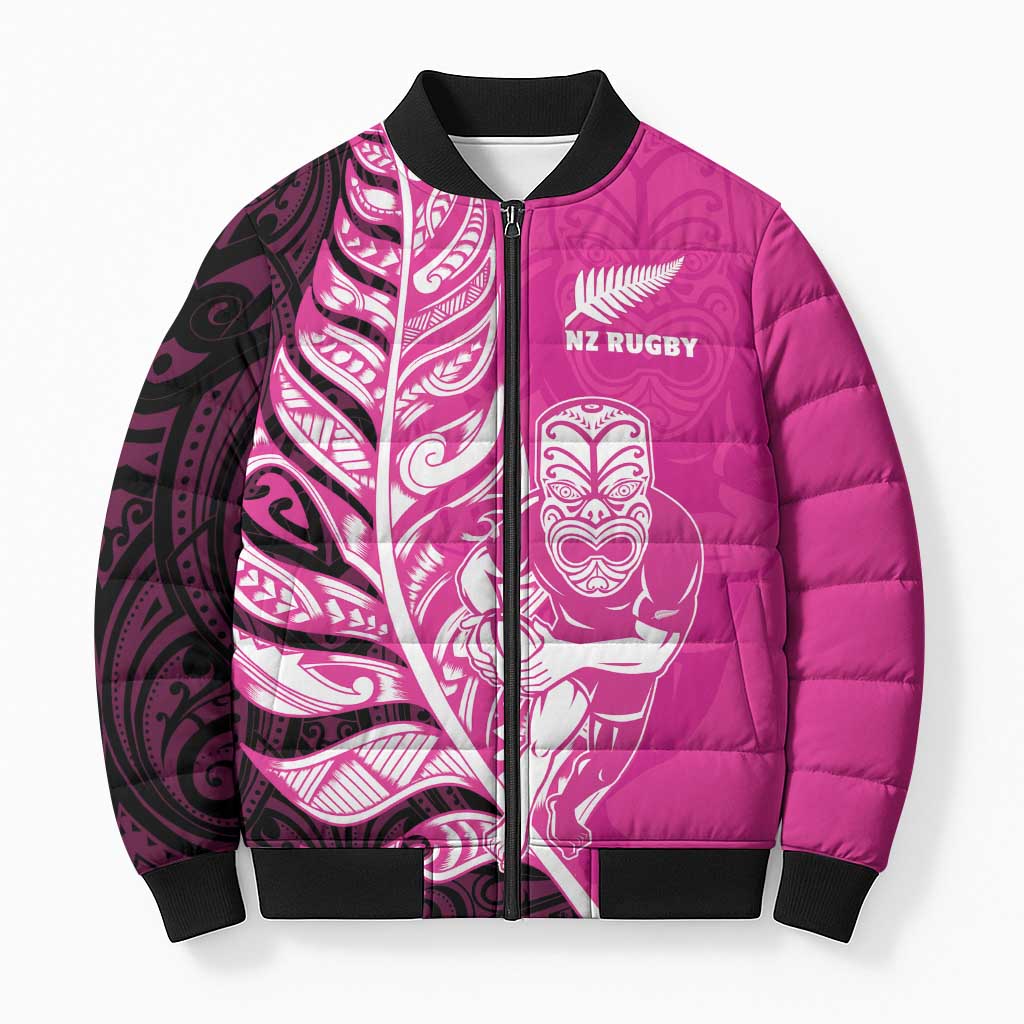 New Zealand Silver Fern Rugby Custom Bomber Puffer Jacket All Black Maori Pattern Pink - Aussie Hoodie