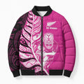 New Zealand Silver Fern Rugby Custom Bomber Puffer Jacket All Black Maori Pattern Pink - Aussie Hoodie