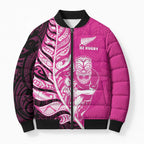New Zealand Silver Fern Rugby Custom Bomber Puffer Jacket All Black Maori Pattern Pink - Aussie Hoodie