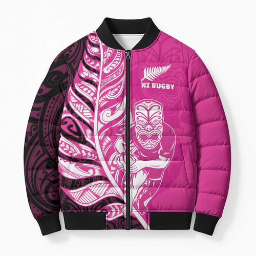 New Zealand Silver Fern Rugby Custom Bomber Puffer Jacket All Black Maori Pattern Pink - Aussie Hoodie