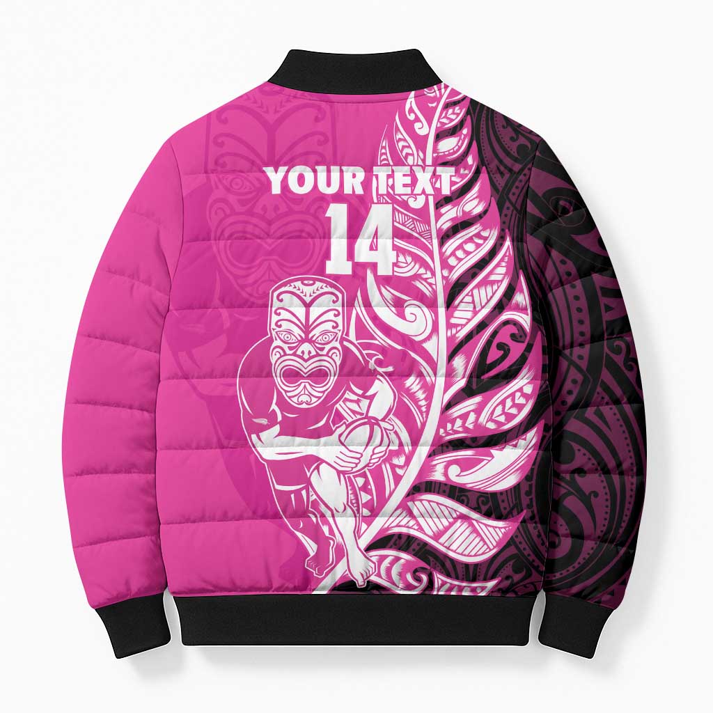 New Zealand Silver Fern Rugby Custom Bomber Puffer Jacket All Black Maori Pattern Pink - Aussie Hoodie