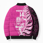 New Zealand Silver Fern Rugby Custom Bomber Puffer Jacket All Black Maori Pattern Pink - Aussie Hoodie