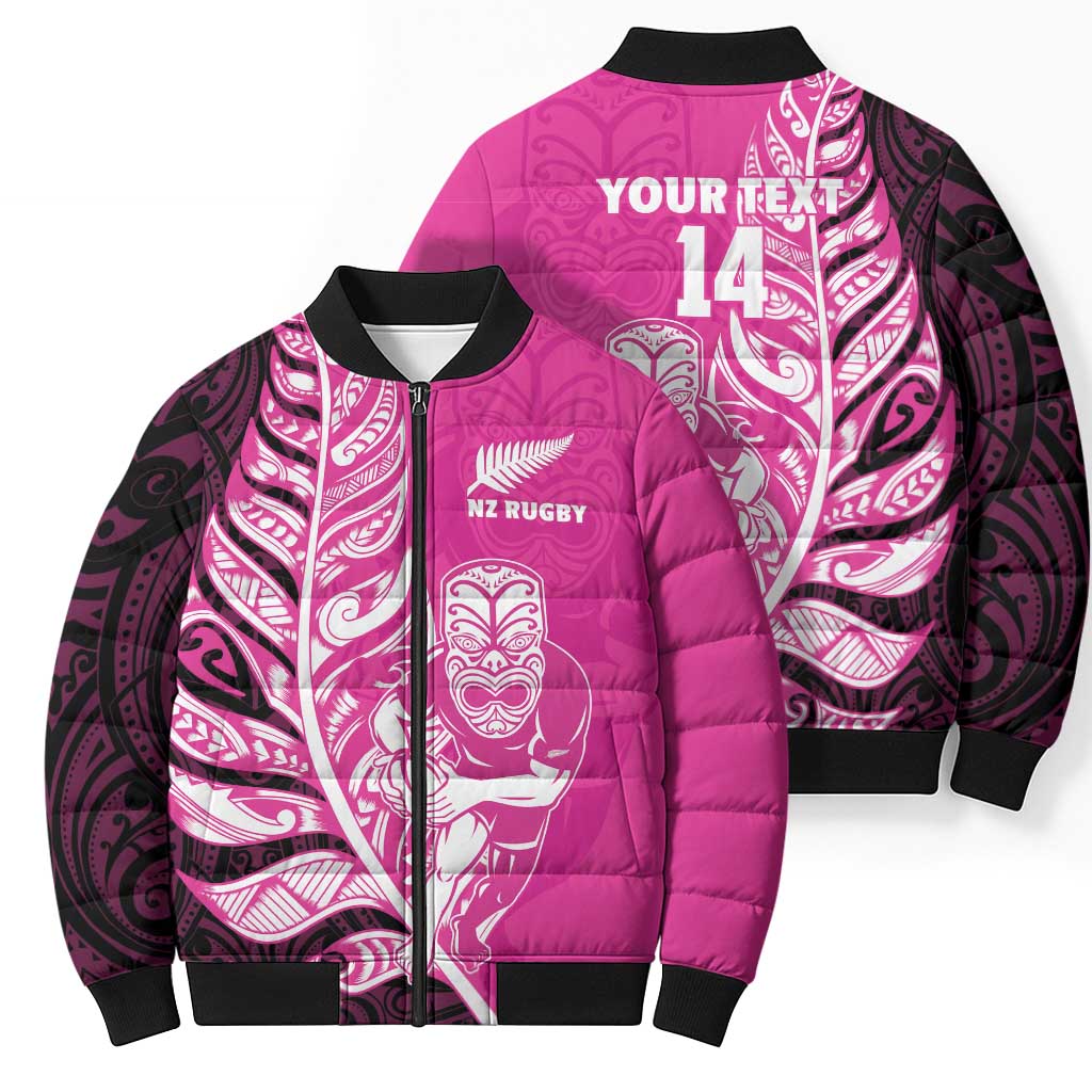 New Zealand Silver Fern Rugby Custom Bomber Puffer Jacket All Black Maori Pattern Pink - Aussie Hoodie