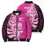 New Zealand Silver Fern Rugby Custom Bomber Puffer Jacket All Black Maori Pattern Pink - Aussie Hoodie