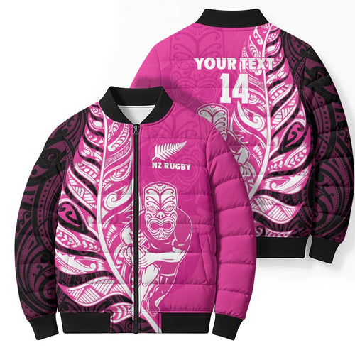 New Zealand Silver Fern Rugby Custom Bomber Puffer Jacket All Black Maori Pattern Pink - Aussie Hoodie