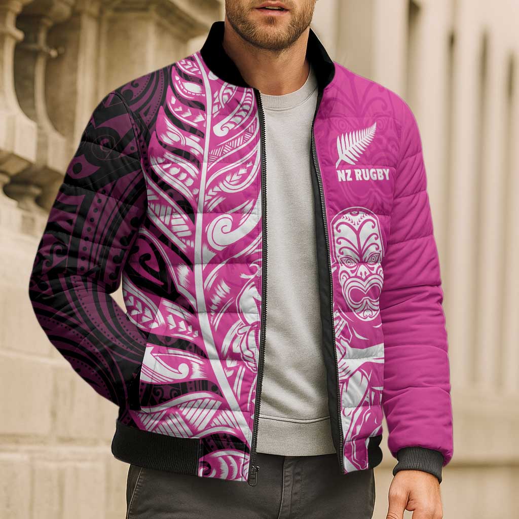 New Zealand Silver Fern Rugby Custom Bomber Puffer Jacket All Black Maori Pattern Pink - Aussie Hoodie