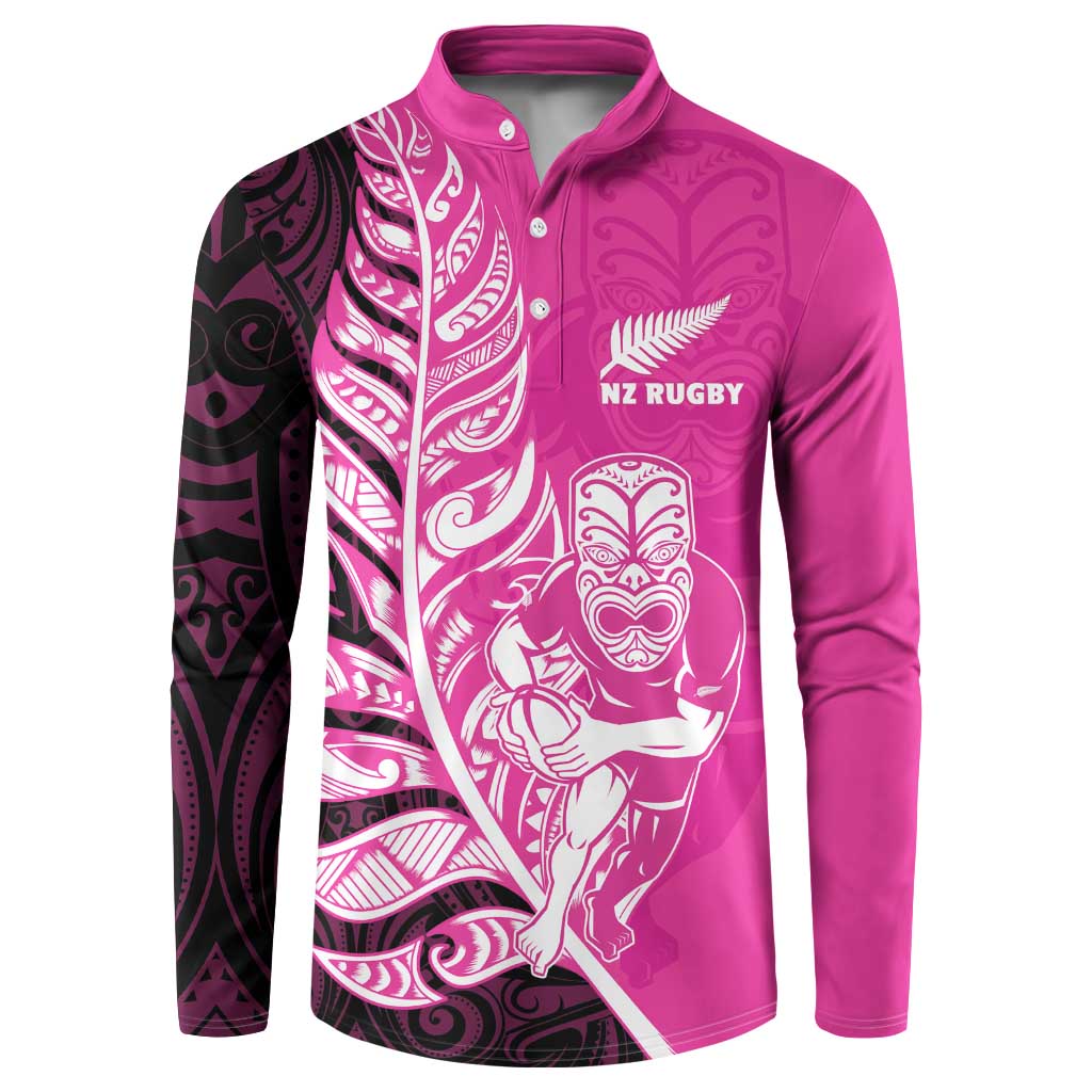 New Zealand Silver Fern Rugby Custom Button Sweatshirt All Black Maori Pattern Pink - Aussie Hoodie