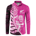 New Zealand Silver Fern Rugby Custom Button Sweatshirt All Black Maori Pattern Pink - Aussie Hoodie
