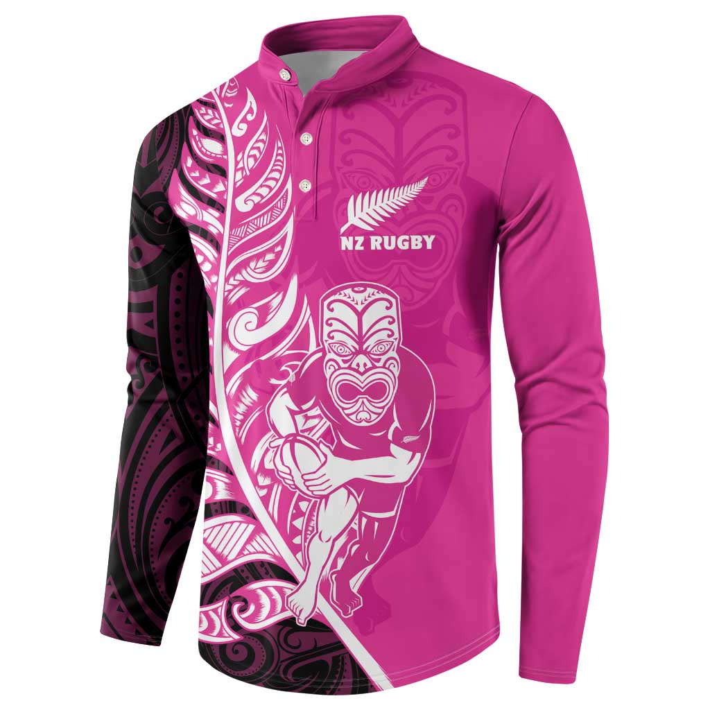 New Zealand Silver Fern Rugby Custom Button Sweatshirt All Black Maori Pattern Pink - Aussie Hoodie