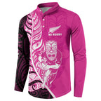 New Zealand Silver Fern Rugby Custom Button Sweatshirt All Black Maori Pattern Pink - Aussie Hoodie