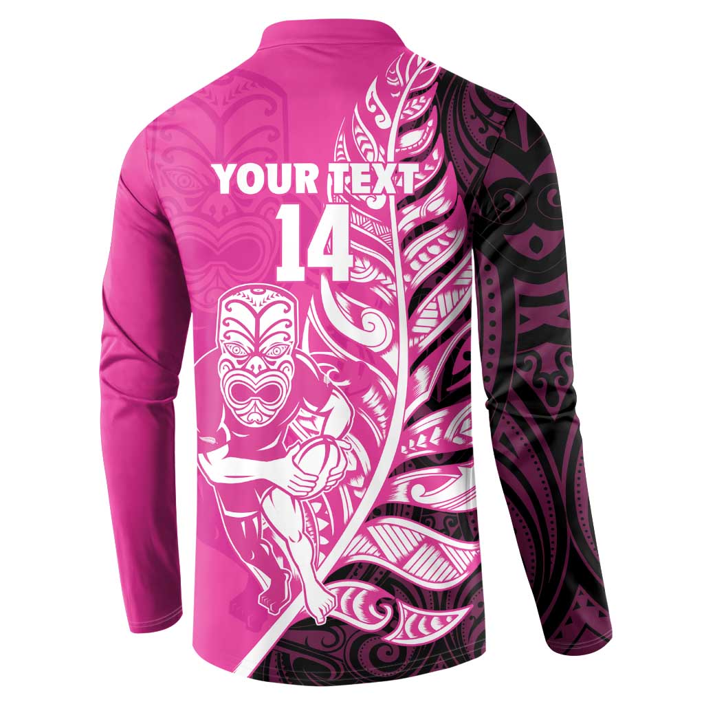 New Zealand Silver Fern Rugby Custom Button Sweatshirt All Black Maori Pattern Pink - Aussie Hoodie