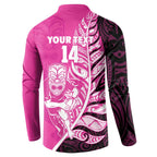 New Zealand Silver Fern Rugby Custom Button Sweatshirt All Black Maori Pattern Pink - Aussie Hoodie