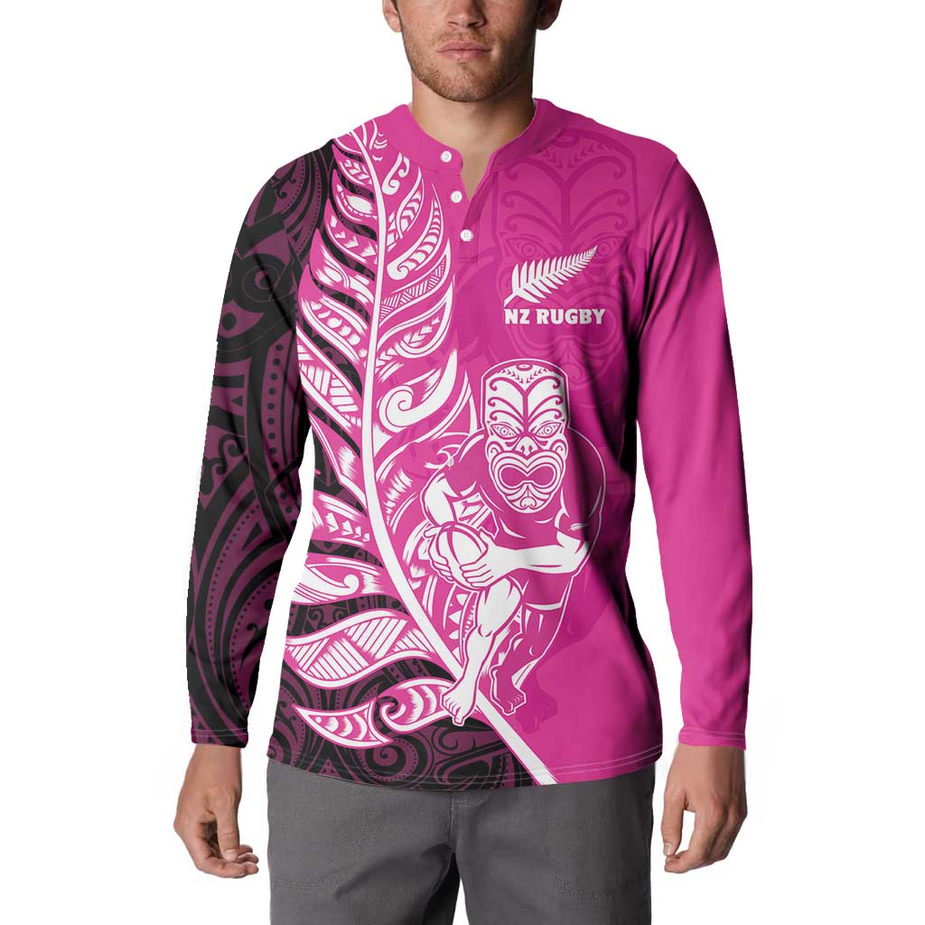 New Zealand Silver Fern Rugby Custom Button Sweatshirt All Black Maori Pattern Pink - Aussie Hoodie