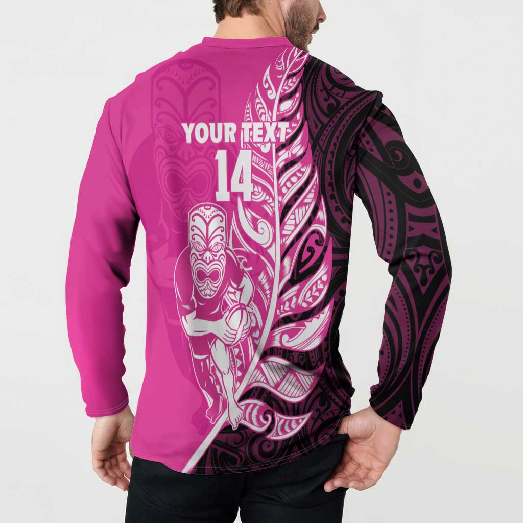 New Zealand Silver Fern Rugby Custom Button Sweatshirt All Black Maori Pattern Pink - Aussie Hoodie