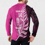 New Zealand Silver Fern Rugby Custom Button Sweatshirt All Black Maori Pattern Pink - Aussie Hoodie
