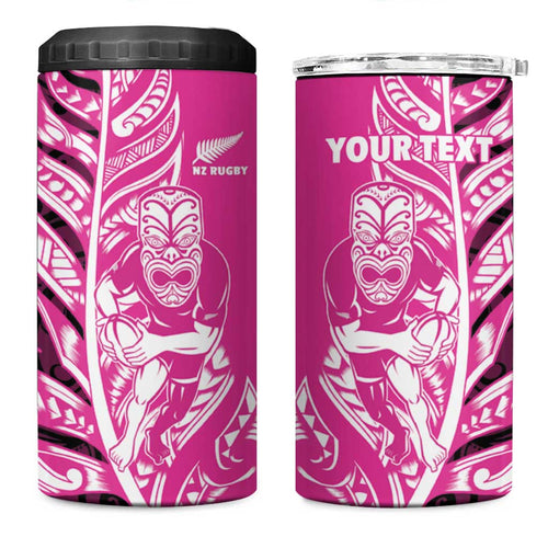 New Zealand Silver Fern Rugby Custom 4 in 1 Can Cooler Tumbler All Black Maori Pattern Pink - Aussie Hoodie
