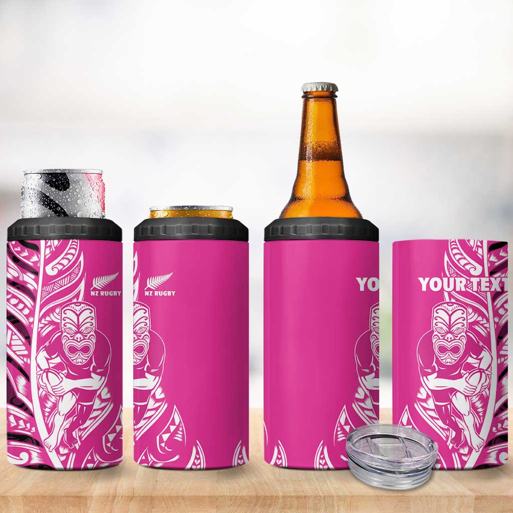 New Zealand Silver Fern Rugby Custom 4 in 1 Can Cooler Tumbler All Black Maori Pattern Pink - Aussie Hoodie