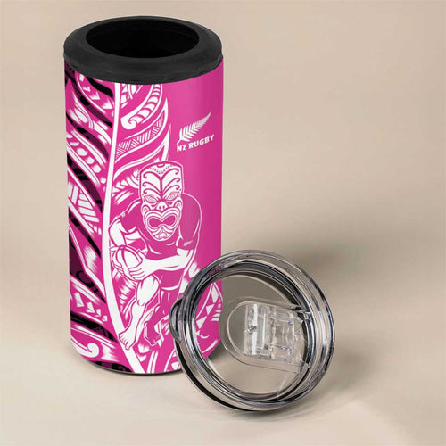 New Zealand Silver Fern Rugby Custom 4 in 1 Can Cooler Tumbler All Black Maori Pattern Pink - Aussie Hoodie