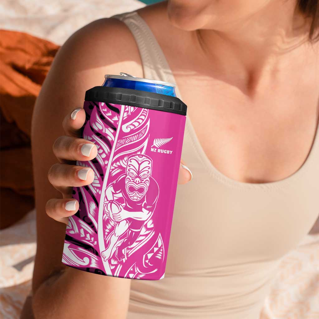 New Zealand Silver Fern Rugby Custom 4 in 1 Can Cooler Tumbler All Black Maori Pattern Pink - Aussie Hoodie