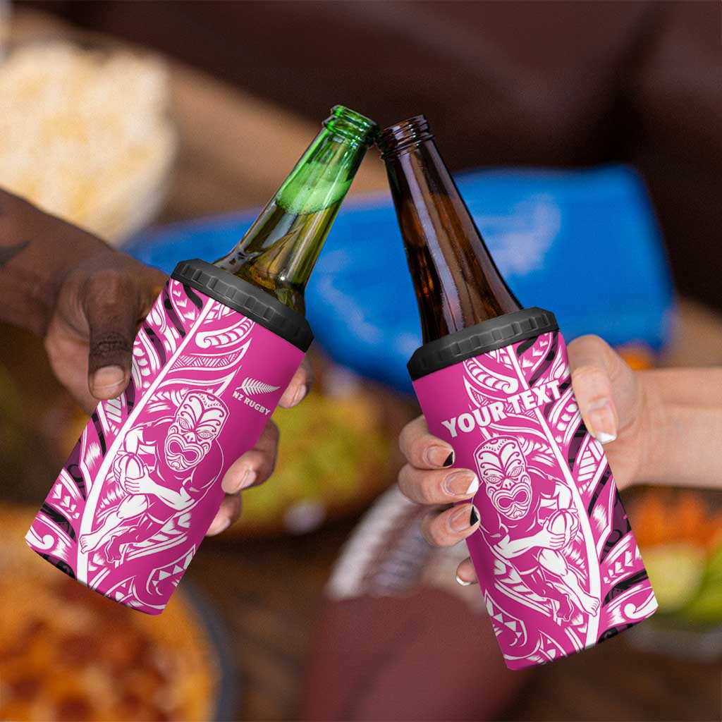 New Zealand Silver Fern Rugby Custom 4 in 1 Can Cooler Tumbler All Black Maori Pattern Pink - Aussie Hoodie