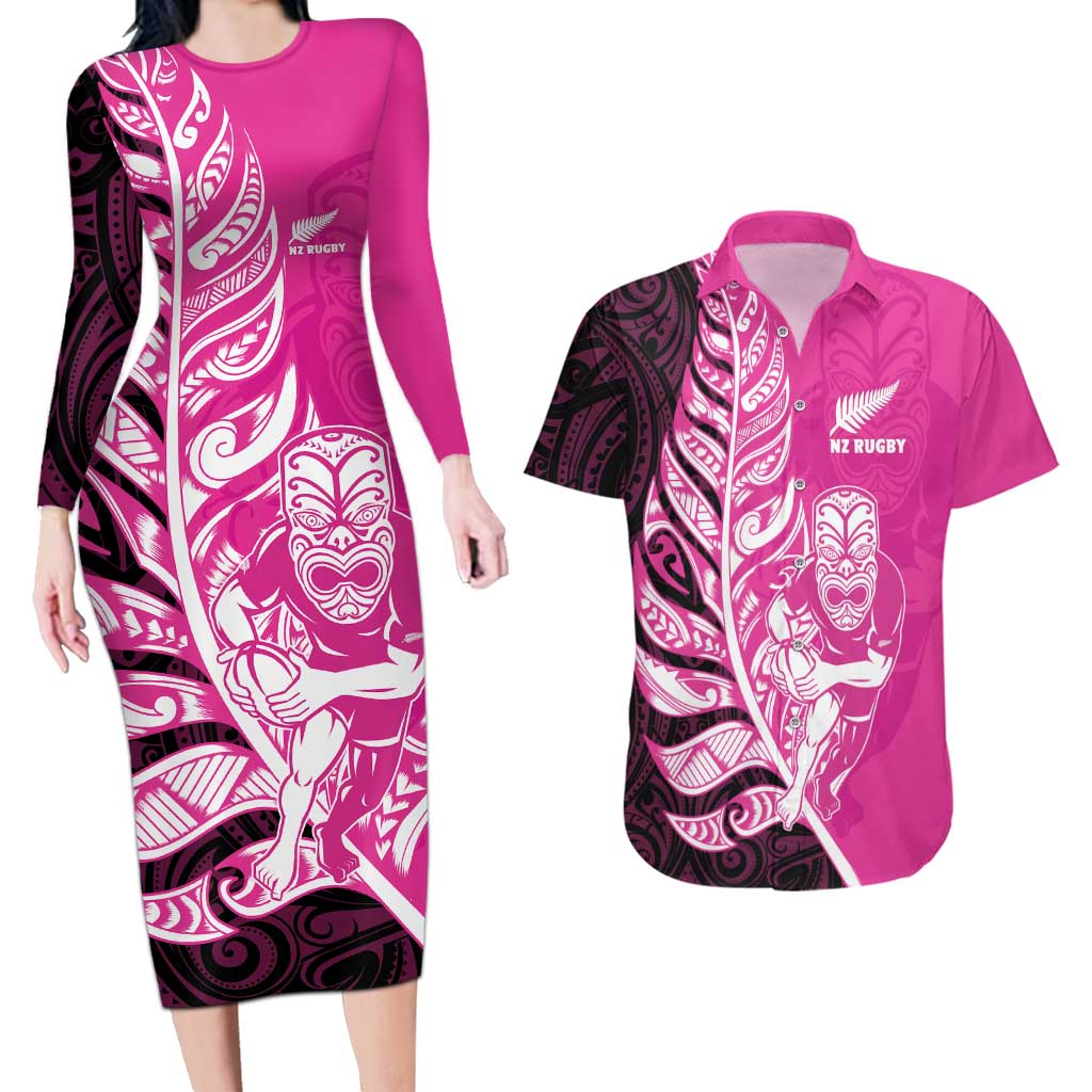 New Zealand Silver Fern Rugby Custom Couples Matching Long Sleeve Bodycon Dress and Hawaiian Shirt All Black Maori Pattern Pink - Aussie Hoodie
