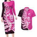 New Zealand Silver Fern Rugby Custom Couples Matching Long Sleeve Bodycon Dress and Hawaiian Shirt All Black Maori Pattern Pink - Aussie Hoodie