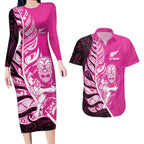 New Zealand Silver Fern Rugby Custom Couples Matching Long Sleeve Bodycon Dress and Hawaiian Shirt All Black Maori Pattern Pink - Aussie Hoodie
