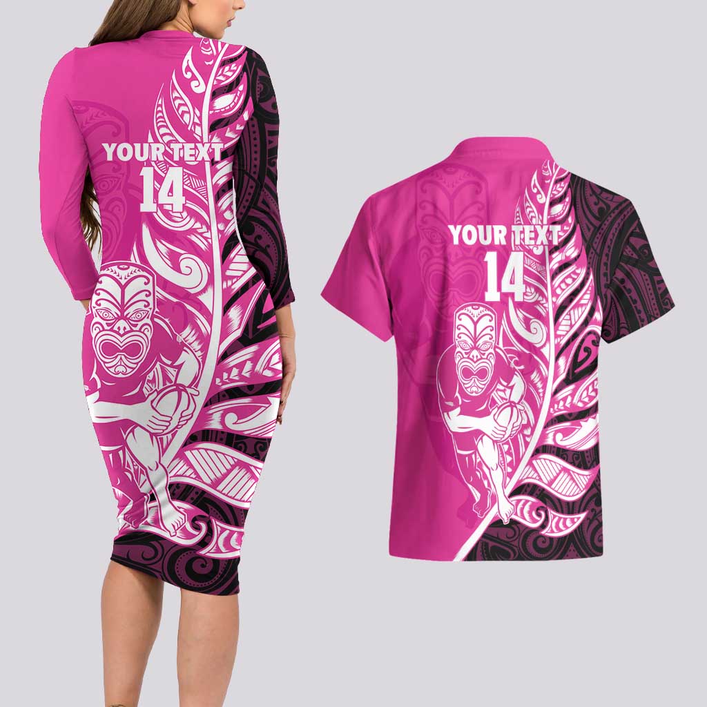 New Zealand Silver Fern Rugby Custom Couples Matching Long Sleeve Bodycon Dress and Hawaiian Shirt All Black Maori Pattern Pink - Aussie Hoodie
