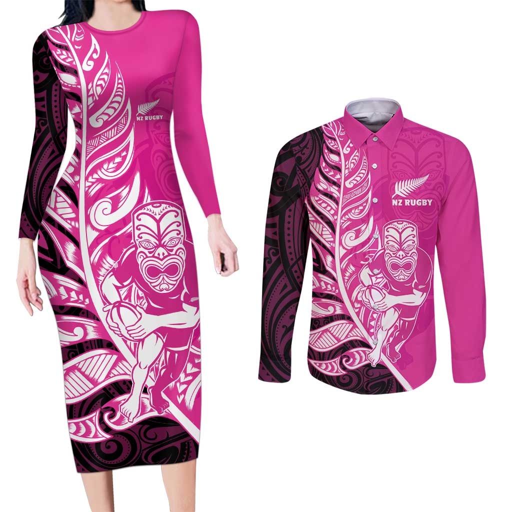New Zealand Silver Fern Rugby Custom Couples Matching Long Sleeve Bodycon Dress and Long Sleeve Button Shirt All Black Maori Pattern Pink - Aussie Hoodie
