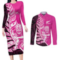 New Zealand Silver Fern Rugby Custom Couples Matching Long Sleeve Bodycon Dress and Long Sleeve Button Shirt All Black Maori Pattern Pink - Aussie Hoodie
