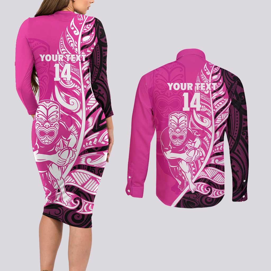 New Zealand Silver Fern Rugby Custom Couples Matching Long Sleeve Bodycon Dress and Long Sleeve Button Shirt All Black Maori Pattern Pink - Aussie Hoodie