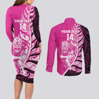 New Zealand Silver Fern Rugby Custom Couples Matching Long Sleeve Bodycon Dress and Long Sleeve Button Shirt All Black Maori Pattern Pink - Aussie Hoodie
