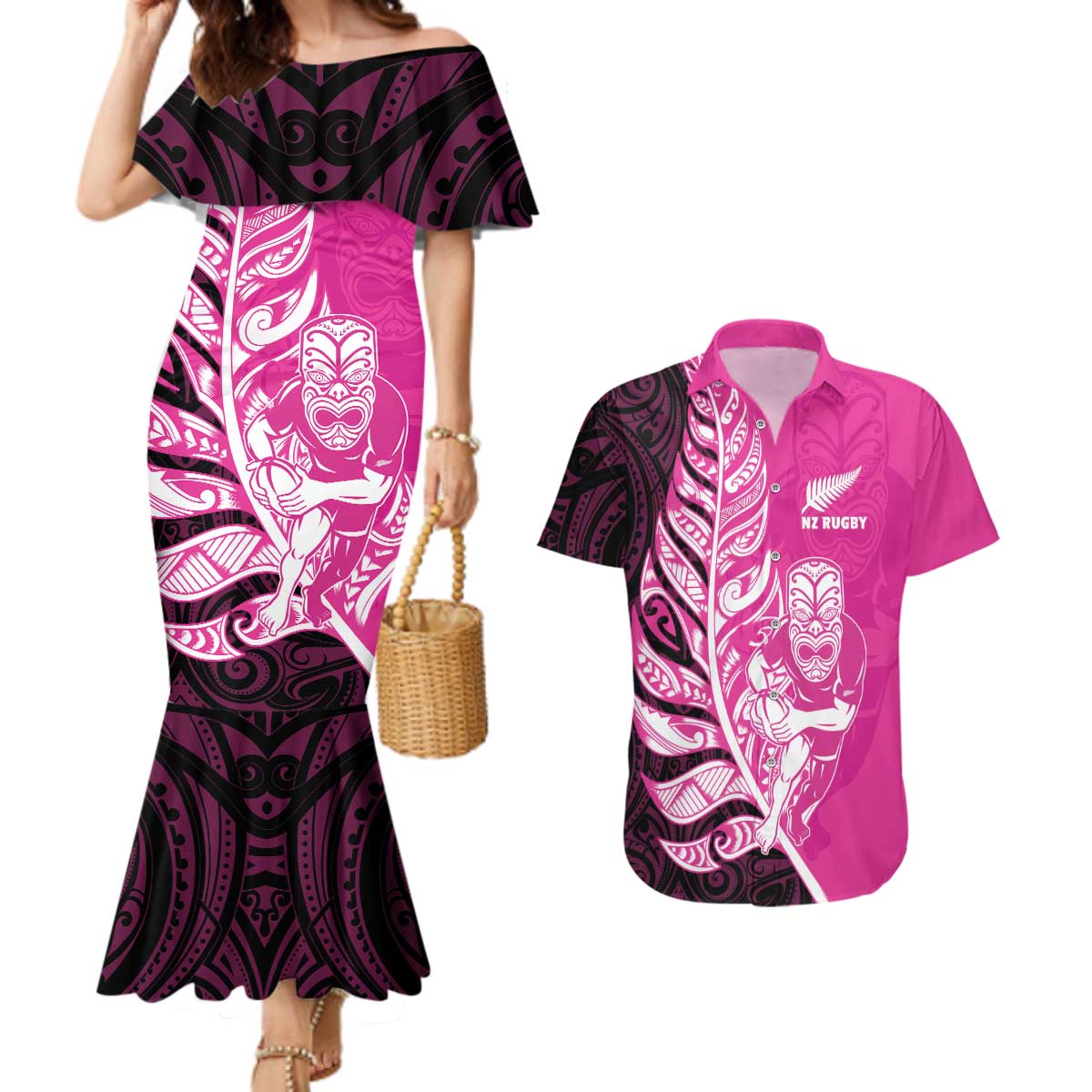 New Zealand Silver Fern Rugby Custom Couples Matching Mermaid Dress and Hawaiian Shirt All Black Maori Pattern Pink - Aussie Hoodie