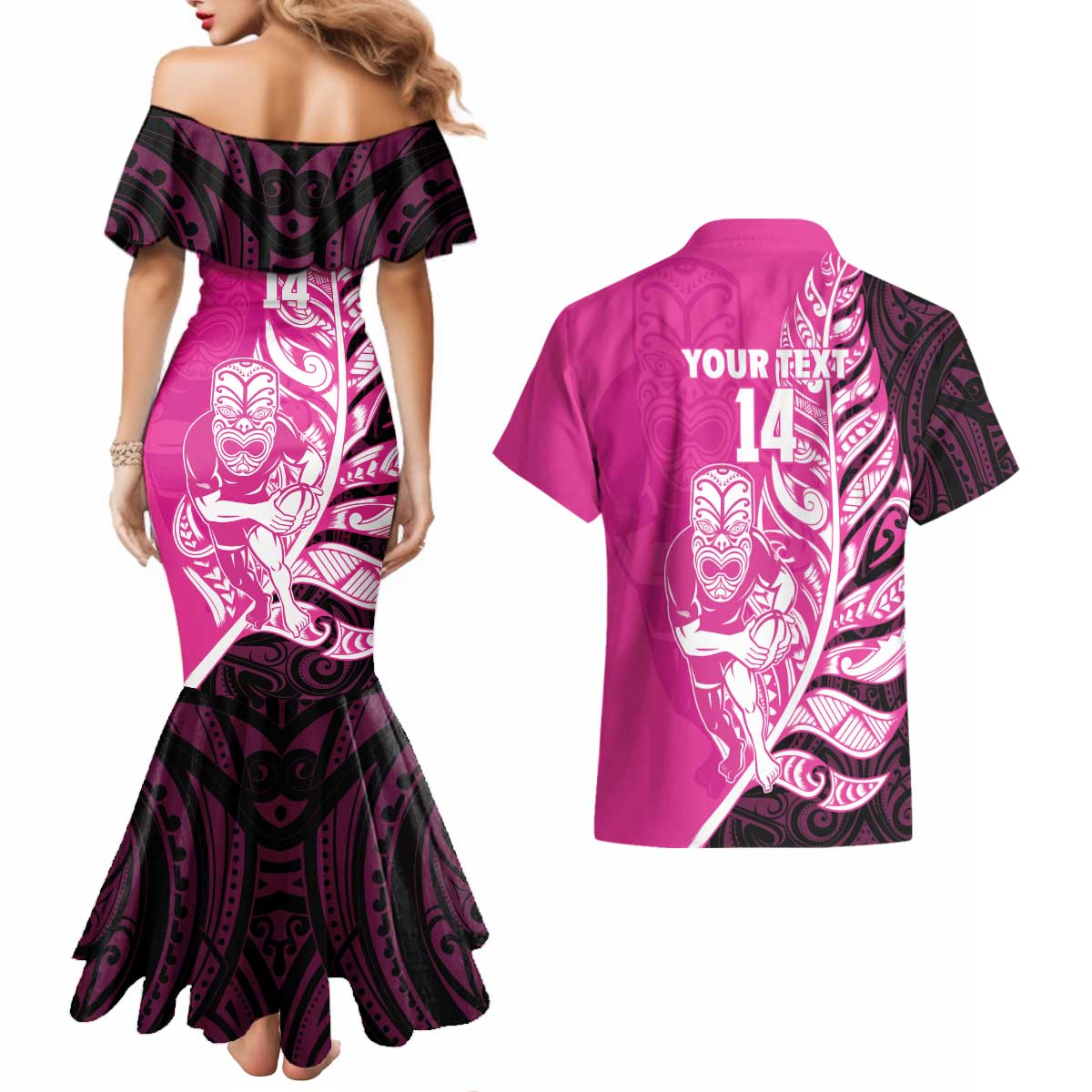 New Zealand Silver Fern Rugby Custom Couples Matching Mermaid Dress and Hawaiian Shirt All Black Maori Pattern Pink - Aussie Hoodie