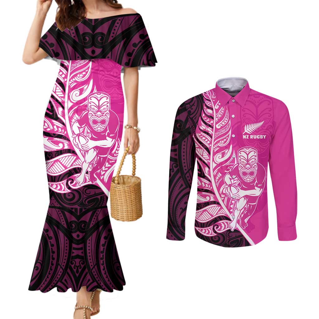 New Zealand Silver Fern Rugby Custom Couples Matching Mermaid Dress and Long Sleeve Button Shirt All Black Maori Pattern Pink - Aussie Hoodie