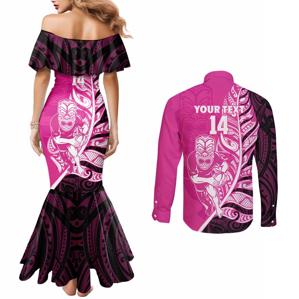 New Zealand Silver Fern Rugby Custom Couples Matching Mermaid Dress and Long Sleeve Button Shirt All Black Maori Pattern Pink - Aussie Hoodie