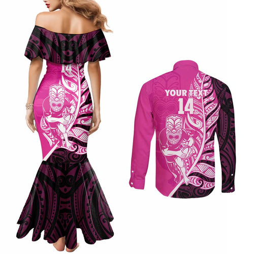 New Zealand Silver Fern Rugby Custom Couples Matching Mermaid Dress and Long Sleeve Button Shirt All Black Maori Pattern Pink - Aussie Hoodie