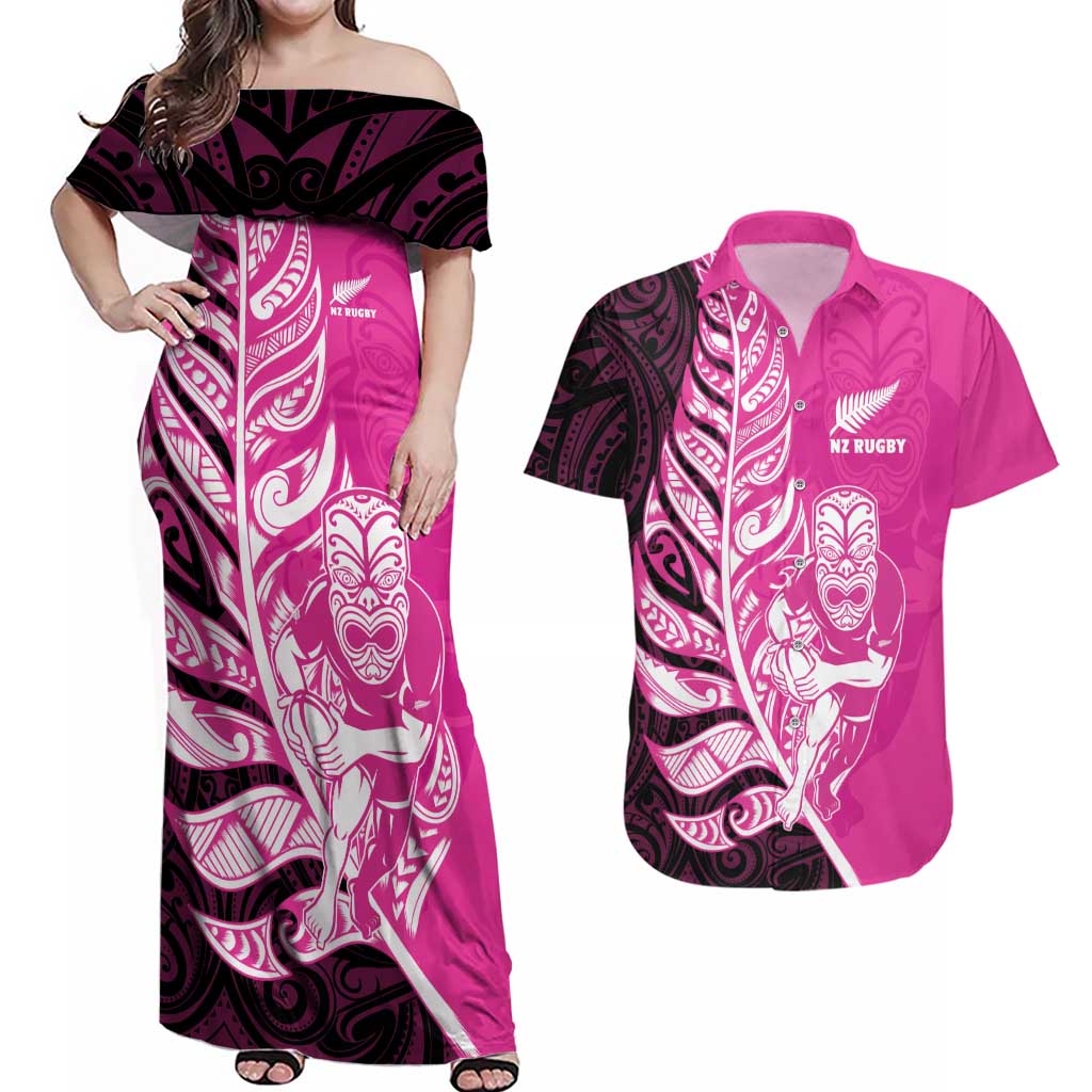 New Zealand Silver Fern Rugby Custom Couples Matching Off Shoulder Maxi Dress and Hawaiian Shirt All Black Maori Pattern Pink - Aussie Hoodie