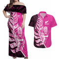 New Zealand Silver Fern Rugby Custom Couples Matching Off Shoulder Maxi Dress and Hawaiian Shirt All Black Maori Pattern Pink - Aussie Hoodie