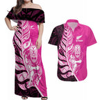New Zealand Silver Fern Rugby Custom Couples Matching Off Shoulder Maxi Dress and Hawaiian Shirt All Black Maori Pattern Pink - Aussie Hoodie