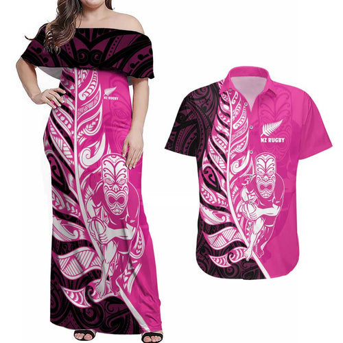 New Zealand Silver Fern Rugby Custom Couples Matching Off Shoulder Maxi Dress and Hawaiian Shirt All Black Maori Pattern Pink - Aussie Hoodie