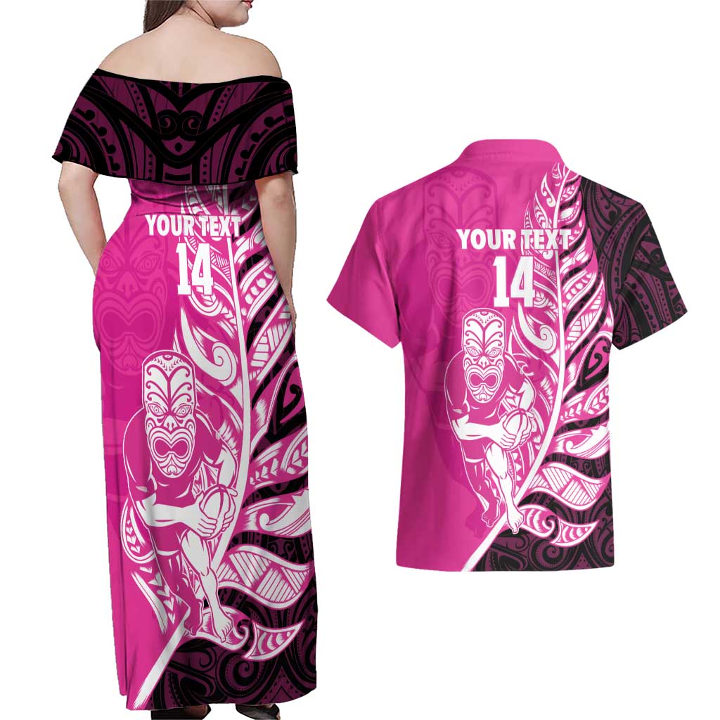 New Zealand Silver Fern Rugby Custom Couples Matching Off Shoulder Maxi Dress and Hawaiian Shirt All Black Maori Pattern Pink - Aussie Hoodie