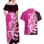 New Zealand Silver Fern Rugby Custom Couples Matching Off Shoulder Maxi Dress and Hawaiian Shirt All Black Maori Pattern Pink - Aussie Hoodie