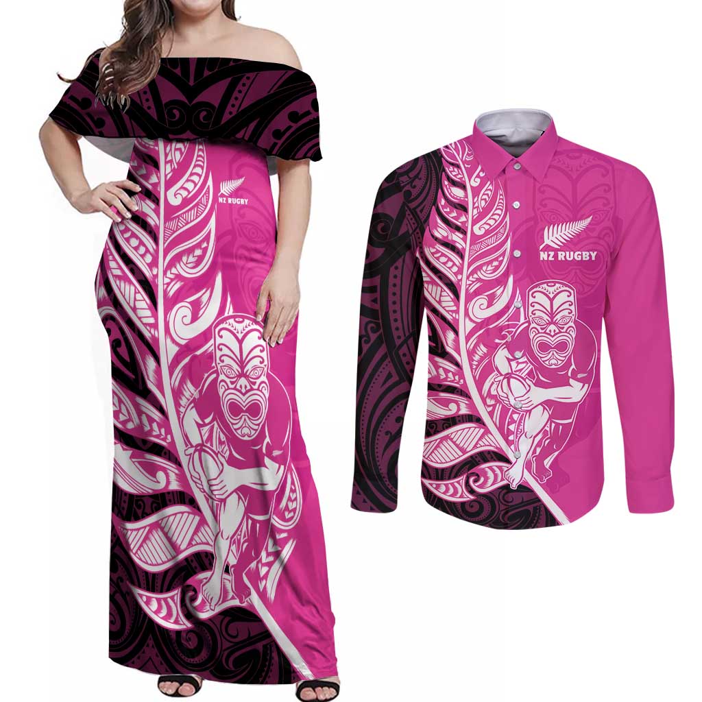 New Zealand Silver Fern Rugby Custom Couples Matching Off Shoulder Maxi Dress and Long Sleeve Button Shirt All Black Maori Pattern Pink - Aussie Hoodie