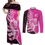 New Zealand Silver Fern Rugby Custom Couples Matching Off Shoulder Maxi Dress and Long Sleeve Button Shirt All Black Maori Pattern Pink - Aussie Hoodie