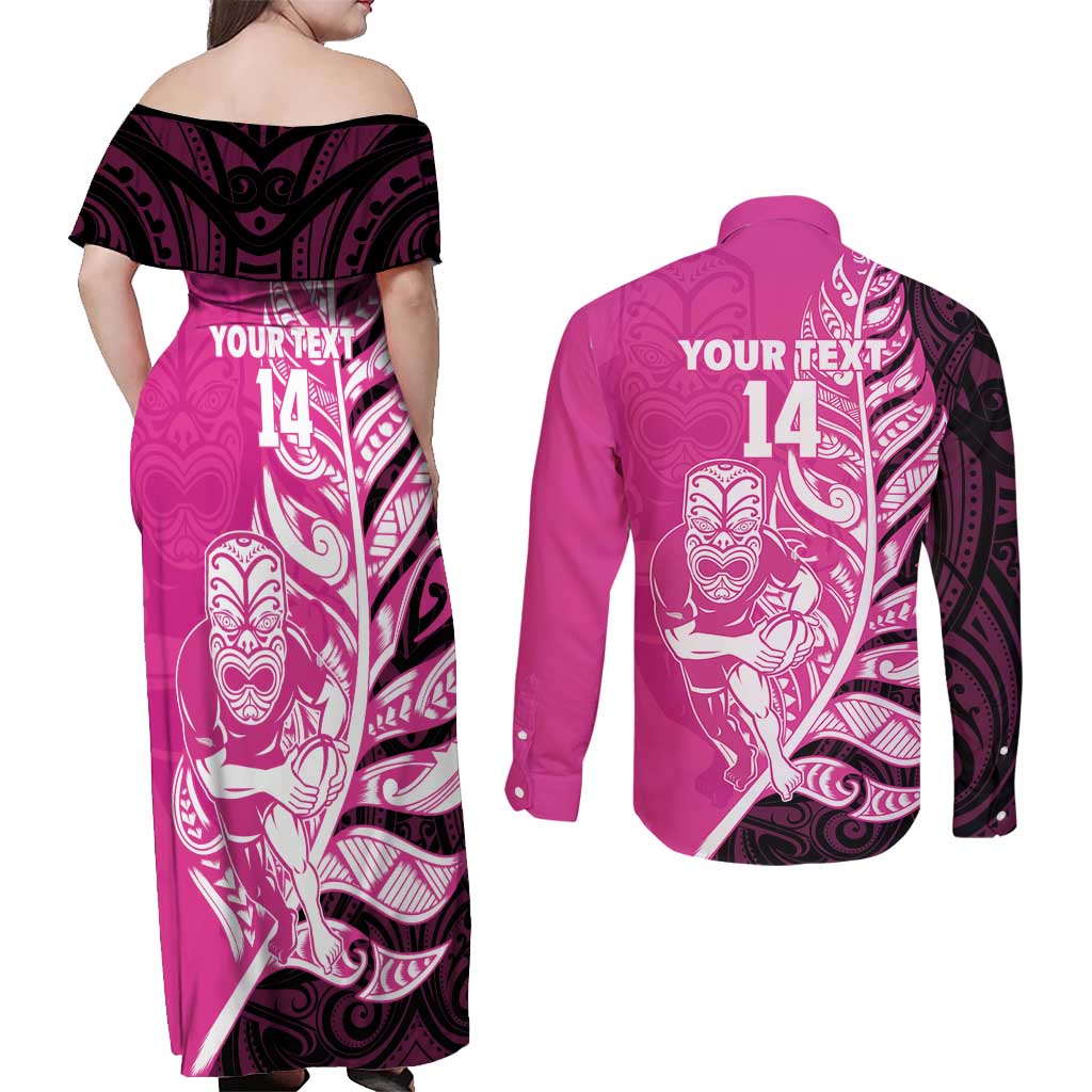 New Zealand Silver Fern Rugby Custom Couples Matching Off Shoulder Maxi Dress and Long Sleeve Button Shirt All Black Maori Pattern Pink - Aussie Hoodie